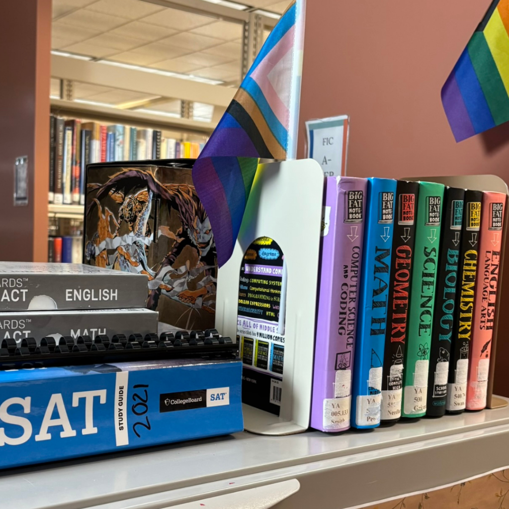 Photo of SAT prep books and academic help books, with several pride flags in frame.