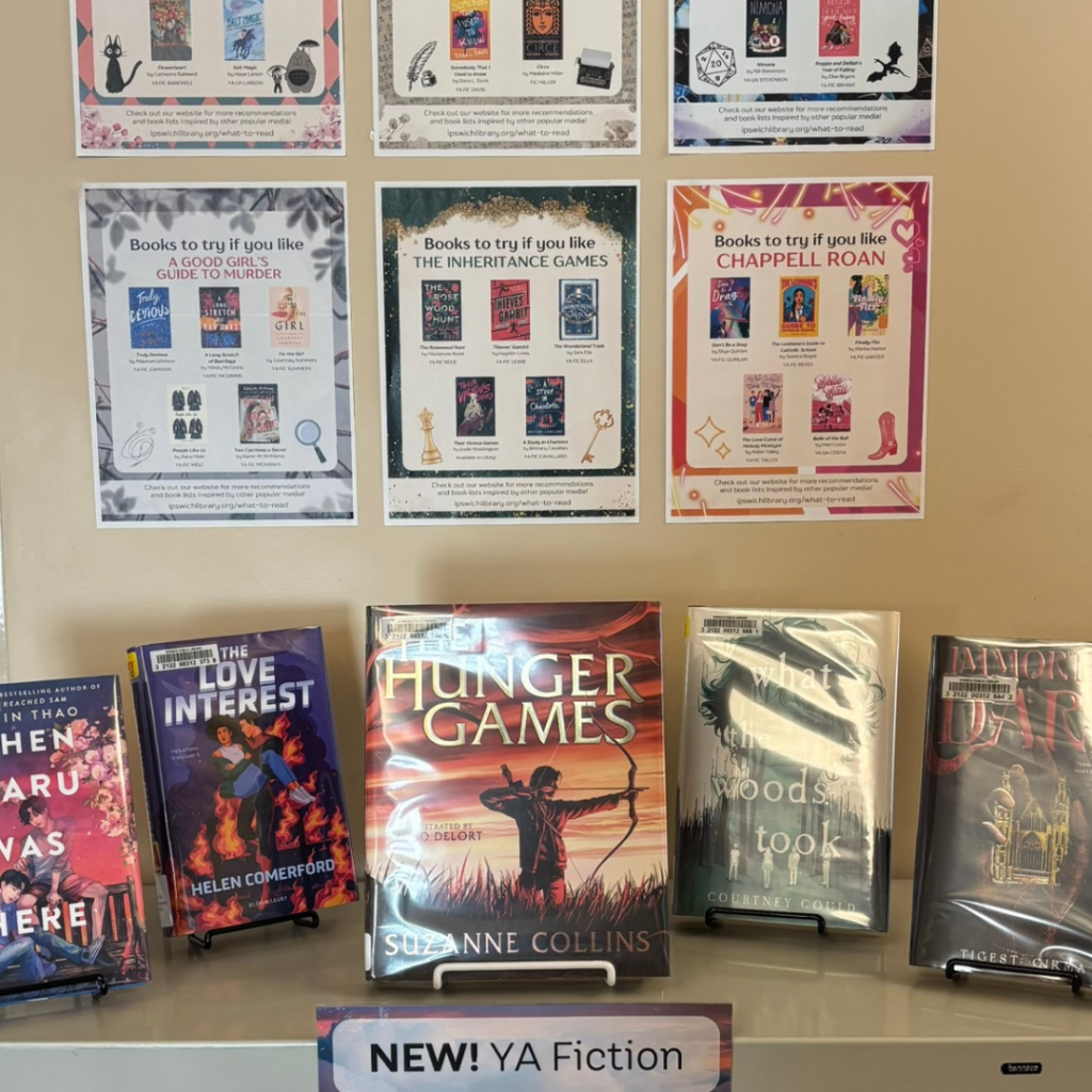 Photo of new YA fiction display with readalike recommendation posters.