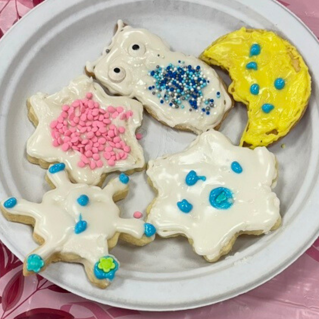 Photo of five decorated cookies on a plate: three snowflakes, an owl, and a yellow crescent moon.